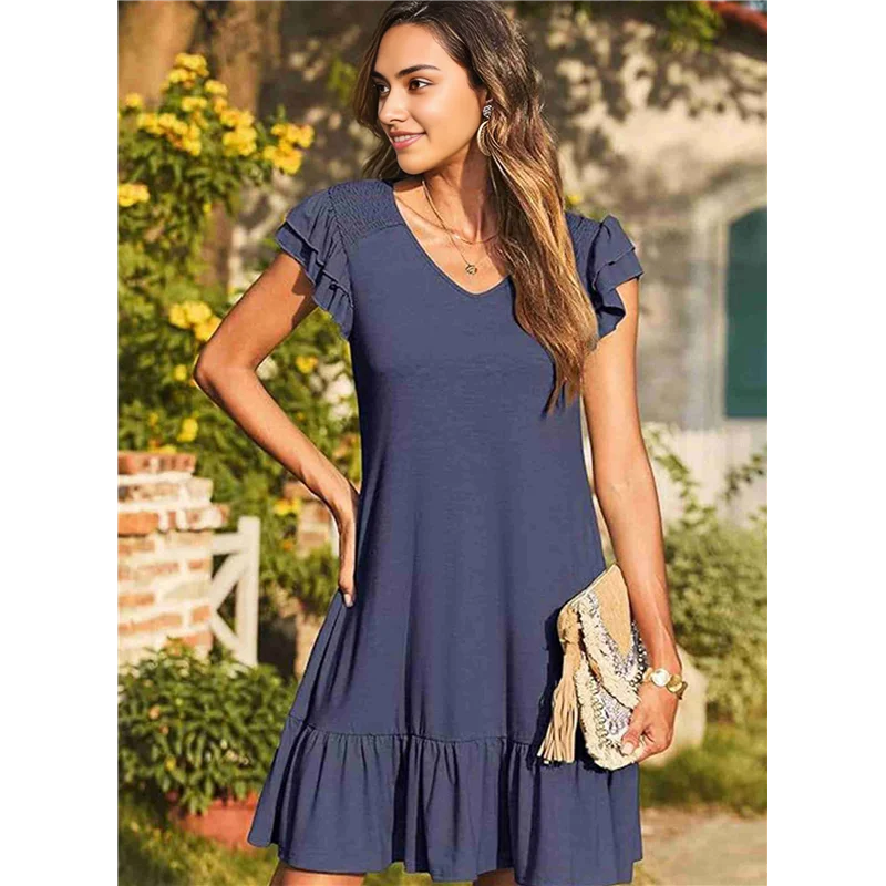 CGS-Women Summer Dresses Ruffle Short Sleeve Smocked V Neck Casual Loose A-Line Swing Mini Dress Sundress