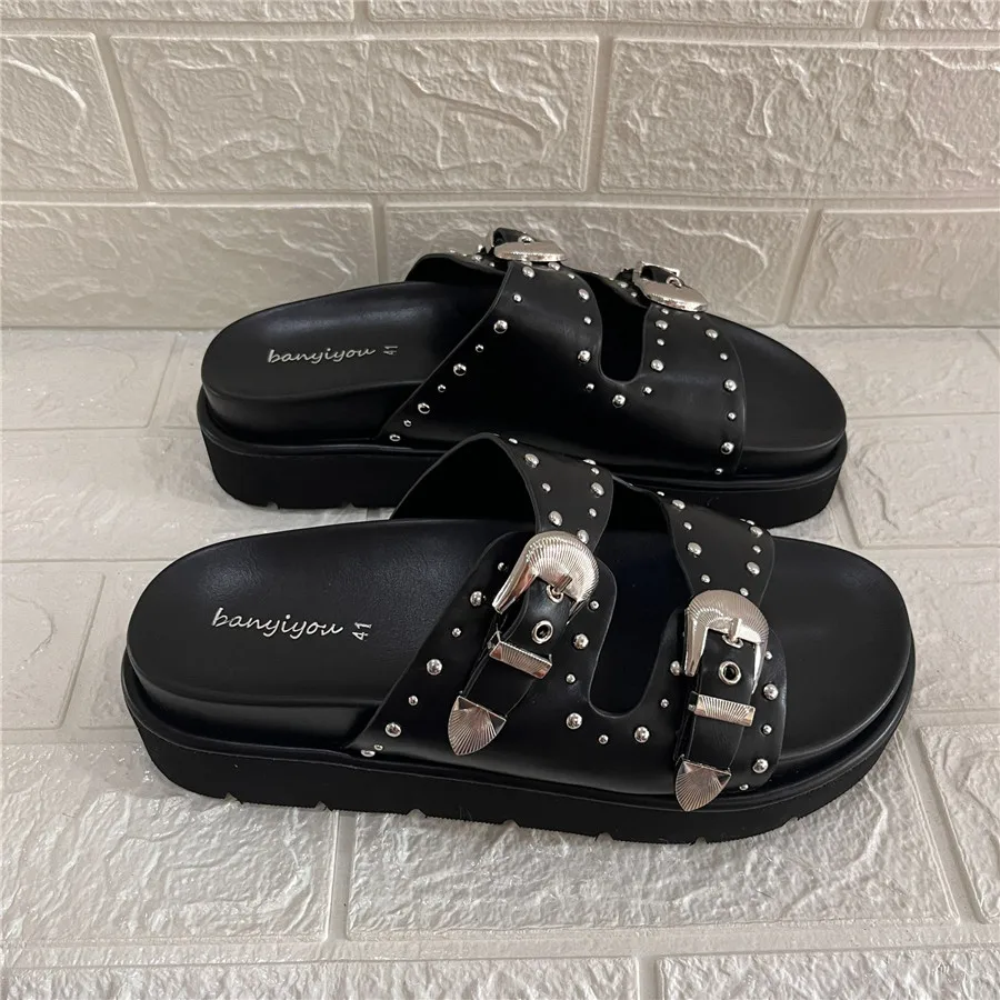 Slippers for Women 2024 Summer Thick Sole Slides Flat Beach Platform Shoes Ladies Mules Rivets Studded Gladiator Sandals