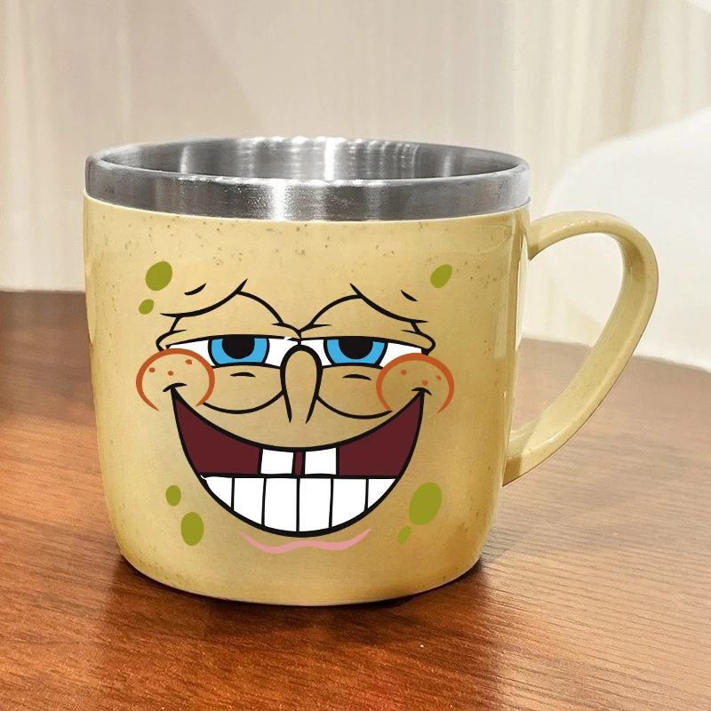 SpongeBobs Stainless Water Cup Boys Girls Kawaii Letter A-Z Gargle Toothbrush Cup Kids Breakfast Milk Coffee Mug Children Gift