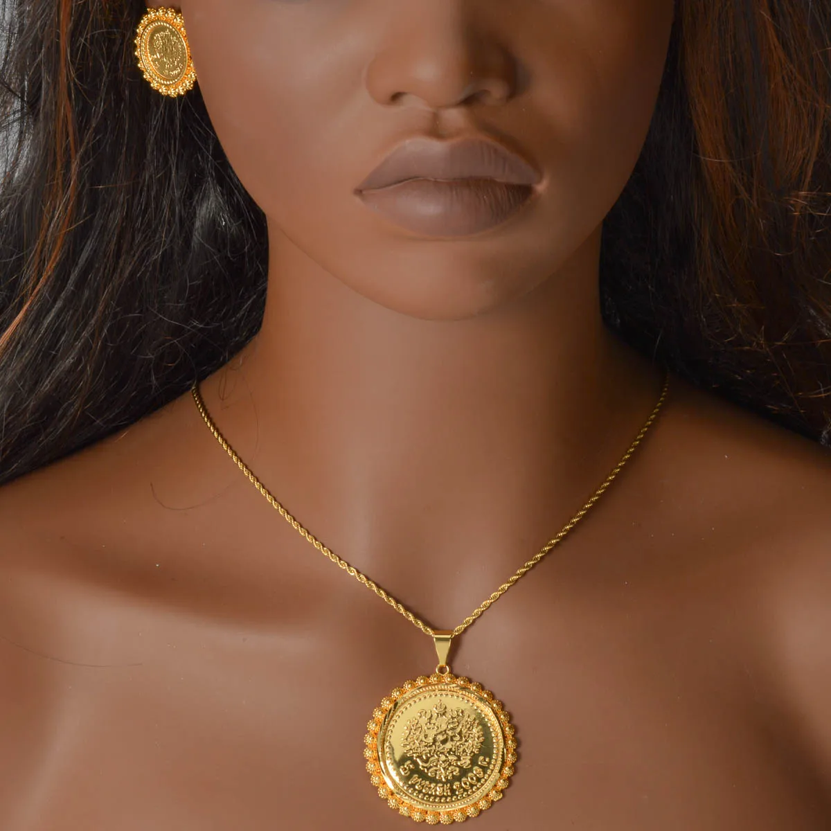 Persian Lion Sun Symbol Gold Plated Necklace Earrings Set Antique Coin Vintage Middle Eastern Style Jewelry Gift for Her Party
