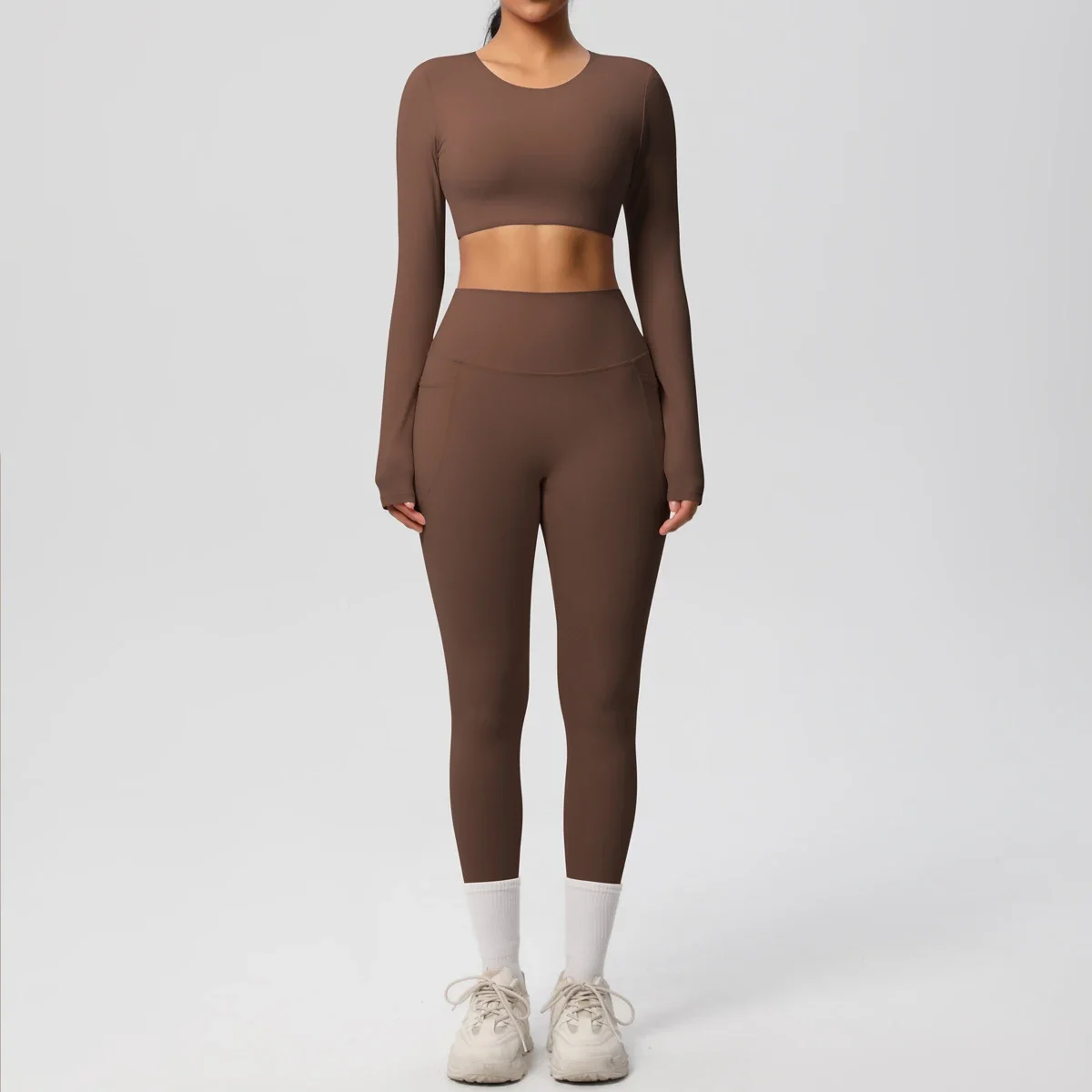 ชุดโยคะชุดสตรีชุดกีฬาเสื้อผ้าโยคะฟิตเนสแขนยาวเบาะTracksuitsชุดกีฬาGym Top Highเอวกางเกงขายาวกระเป๋า