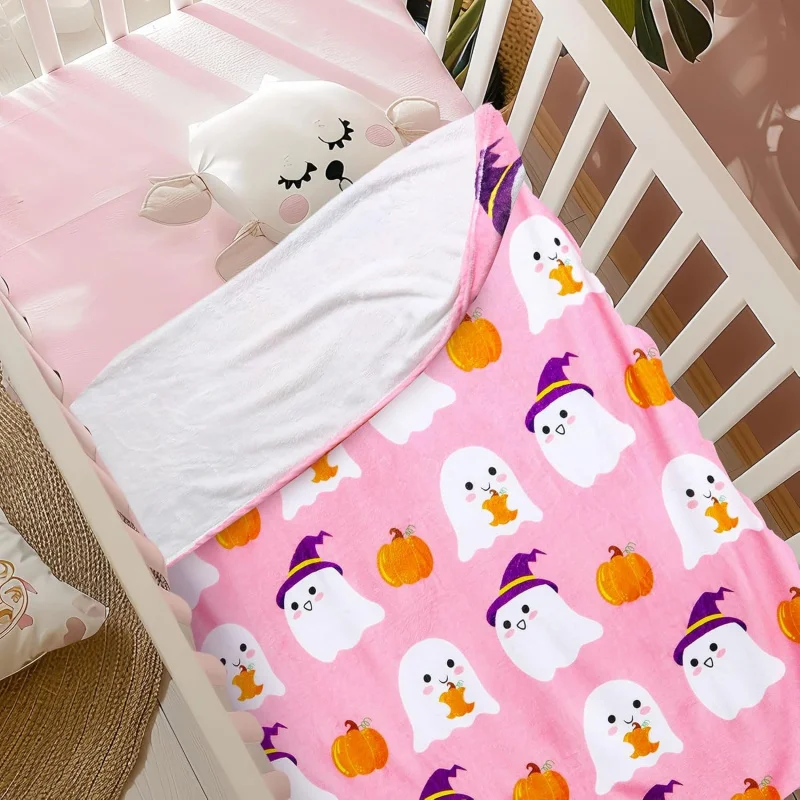 Halloween Cute Ghost Pumpkin Pink Blanket Flannel Lightweight Double sided Soft Four season Blanket Plush Cover Carpet