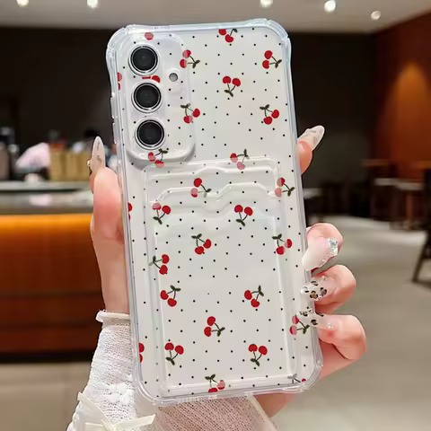 Cute Cherry Clear TPU Wallet Case For Samsung Galaxy S25 S24 S23 S22 S21 Ultra S24 FE A15 A55 A54 A52 A56 A36 A35 A16 A06 Cover