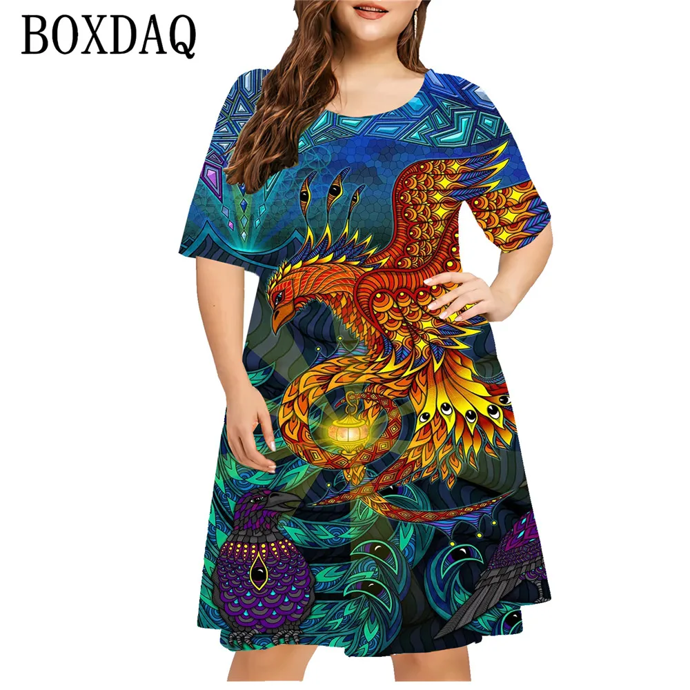 

Painting Phoenix Women's Dress Vintage Summer 3D Printed Short Sleeve Loose Dress Casual O-Neck Ladies New Plus Size Clothes 6XL