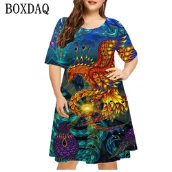 Painting Phoenix Women's Dress Vintage Summer 3D Printed Short Sleeve Loose Dress Casual O-Neck Ladies New Plus Size Clothes 6XL