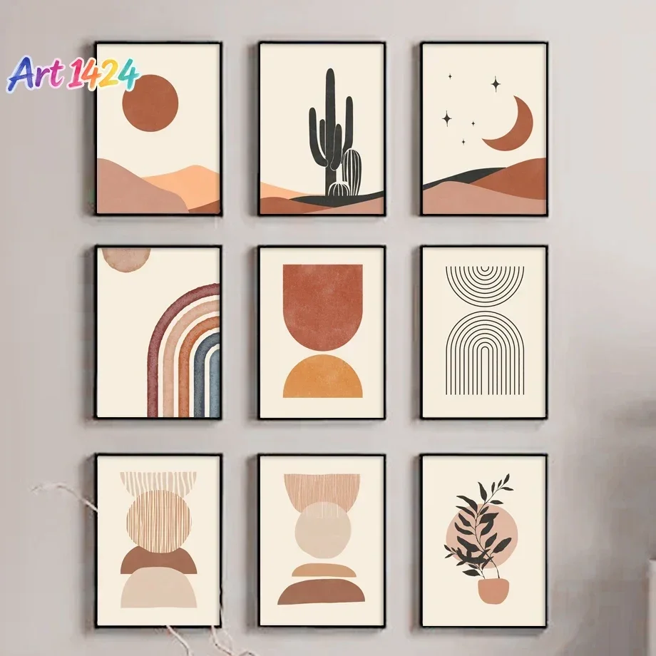 Desert Sun Moon Cactus Geometry Scenery Wall Art Canvas Painting Abstract Posters And Prints Pictures For Living Room Home De