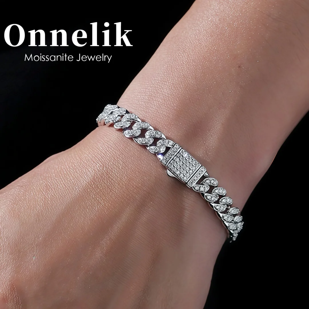 

Onnelik Moissanite Cuban Link Chain Bracelet S925 Sterling Silver Unisex Hip Hop for Men and Women Tennis Chain Band Jewelry