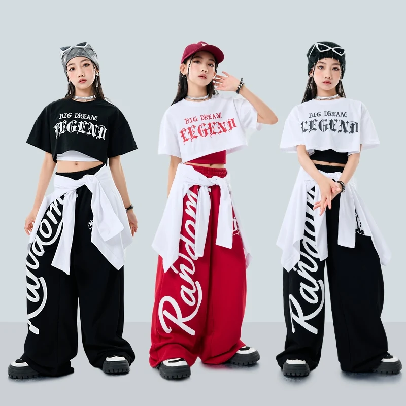 

Jazz Outfit Kpop Stage Costume Girls Crop Top Red Black Line Dance Pants Street Dance Performance Outfit Hip Hop Clothing 2077