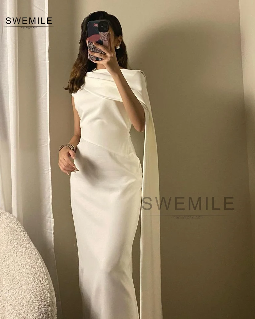 SWEMILE Saudi Arabric One Shoulder Prom Dresses Formal Simple Dubai Prom Gowns For Women 2024 Ivory Crepe Long Evening Dresses