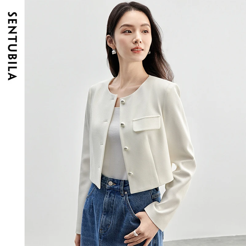 

SENTUBILA Straight Crop Jackets For Womens Spring 2025 Office Lady O Neck Long Sleeve Pears Single Breasted Outerwear 151W58264