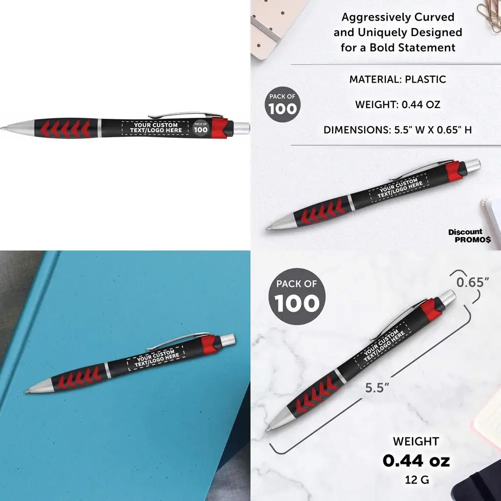 

DISCOUNT PROMOS Personalized Racetrack Ballpoint Pens with Metallic Accents - 100 pack - Plastic Pens - Customizable Text, Logo