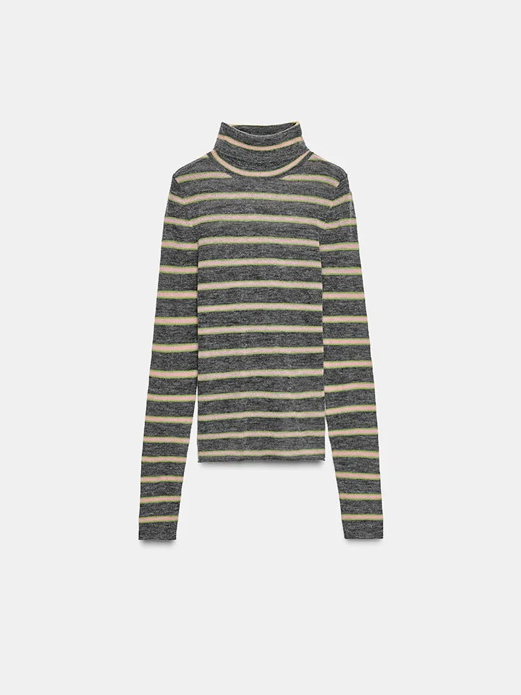 

Faionable Sweet Stripe Knitwear Casual Sle New Arrival Winter 2025 Women's ort Sve High Collar Sweater for Teen Girls