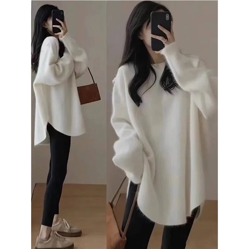 

Korean Style New Fashion Autumn Winter Women's Solid Color Loose O-neck Long Sleeve Casual Trendy Simple Knitted Sweaters Tops
