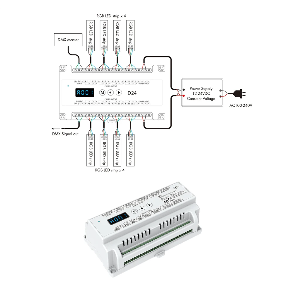 Skydance D24 DC12-24V 24 قناة RGB 8/16bit DIN السكك الحديدية DMX تحكم RGB LED قطاع ضوء باهتة ضوء المرحلة RDM DMX512 فك