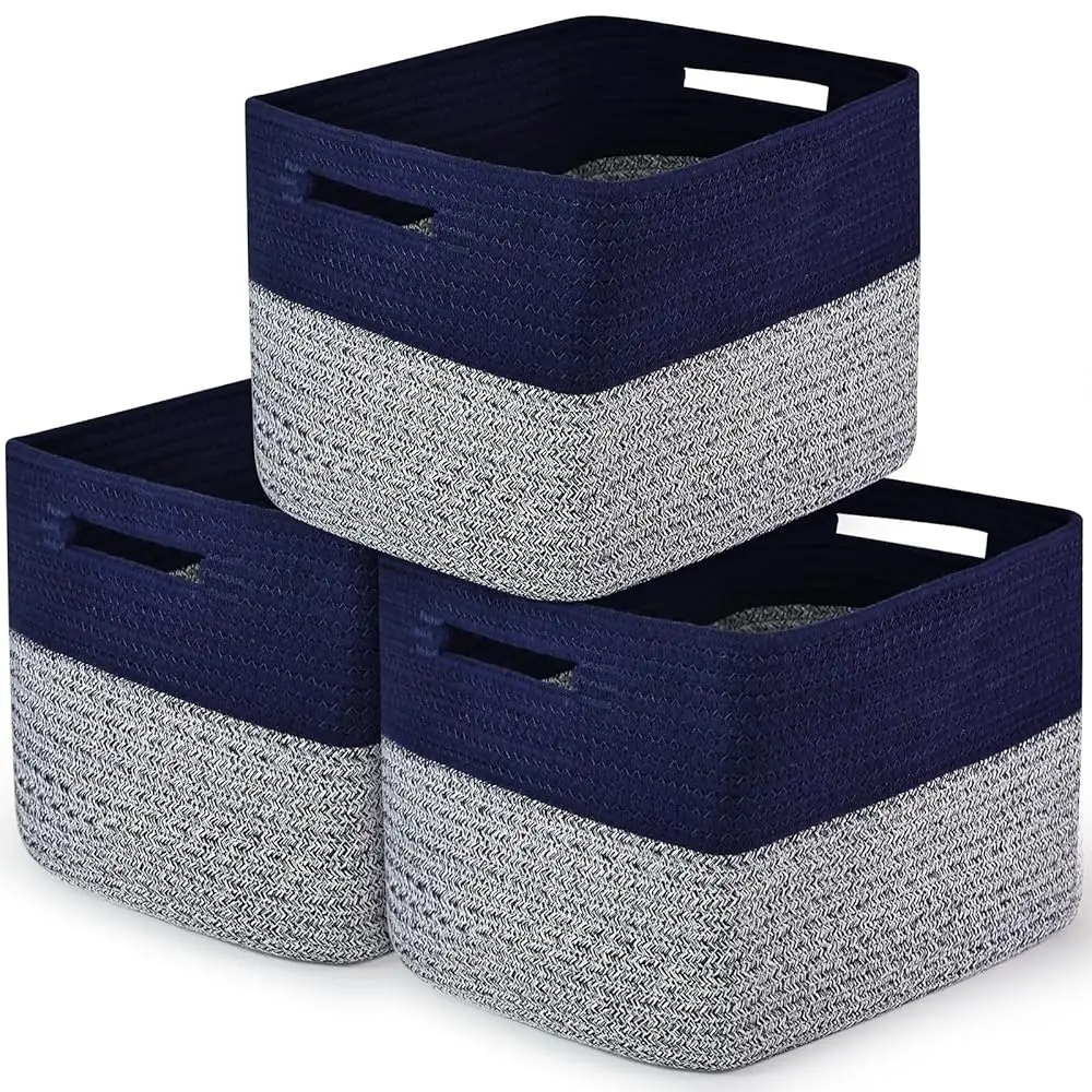 

Набор из 3 плетеных корзин для хранения, 15 x 10 x 9 дюймов, корзины из веревки для организации хранения в шкафу, квадратные контейнеры с ручками