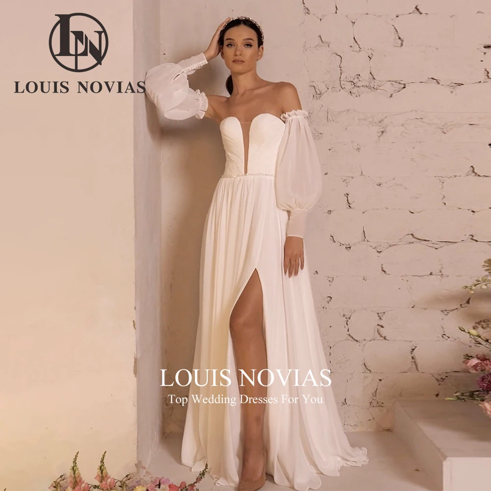 LOUIS NOVIAS Spitzenhochzeitskleid mit abnehmbaren drapierten Puffärmeln, trägerlosem Pinselschleppe, rückenfreiem Brautkleid, Vestidos De Novia