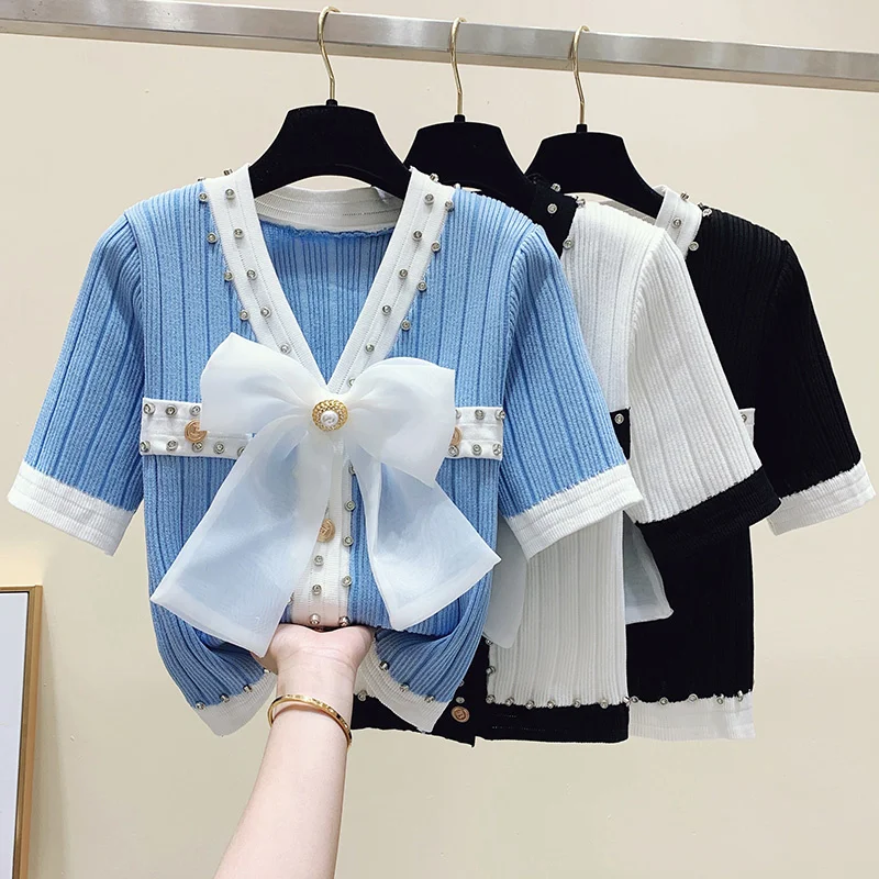 2023 New Summer Fashion Women Bow V Neck Single-Breasted Knitted Short Sweater Patchwork Color NailDiamond Cardigan Tops Female