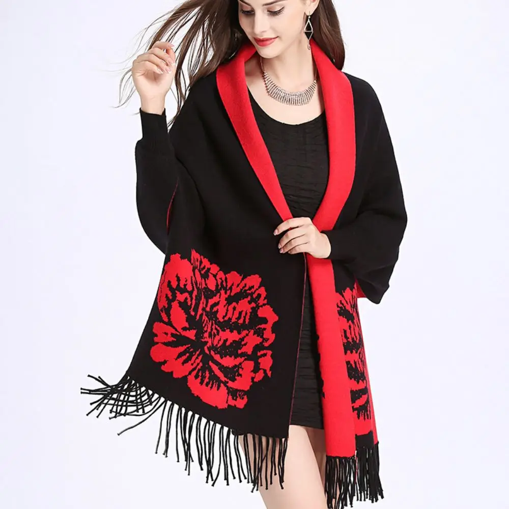 Warm With Sleeves Floral Jacquard Cape Peony Pattern Casual Warm Poncho Wrap Thick Yarn Oversized Cardigan For Women