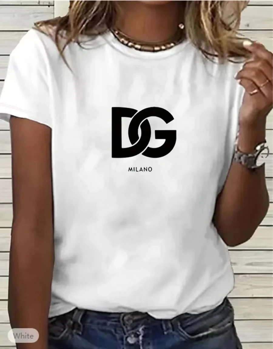 

2025 camiseta estampada de marca de gran oferta para mujer, Top informal a la moda con letras y patrón Simple