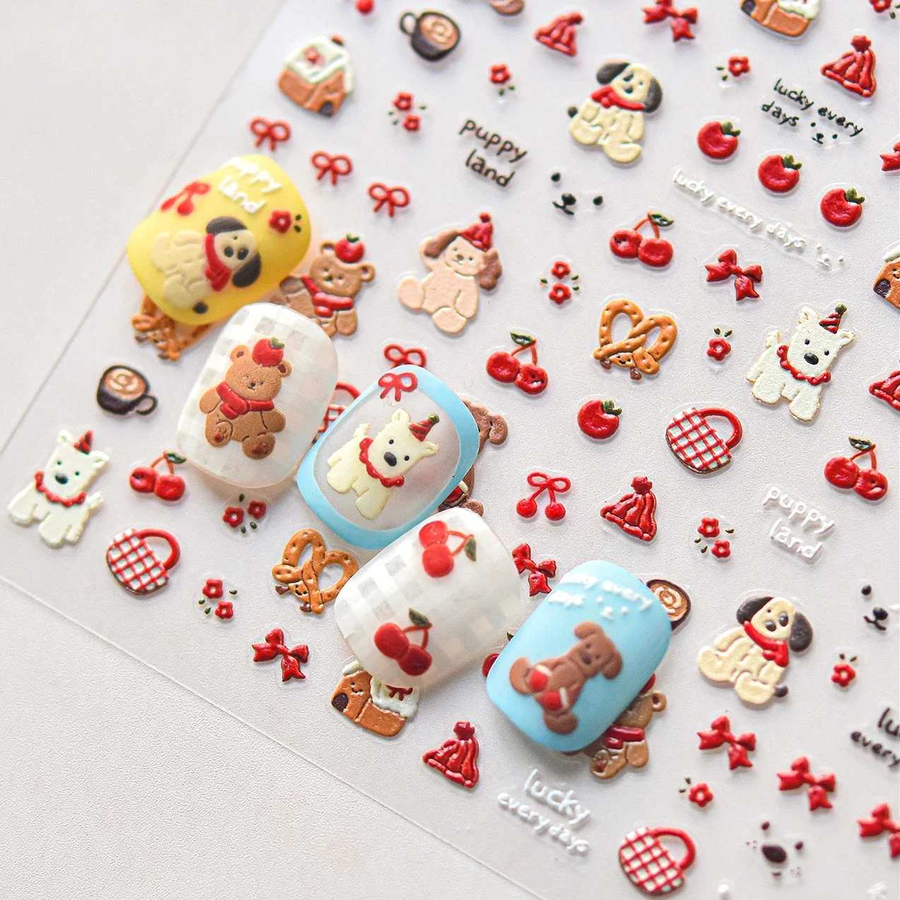 Lovely Puppy Bear Strawberry Cake Fruit Juice Coffee Desserts Cherry Cute Bowknot Dog Adhesive Nail Art Stickers Manicure Decals