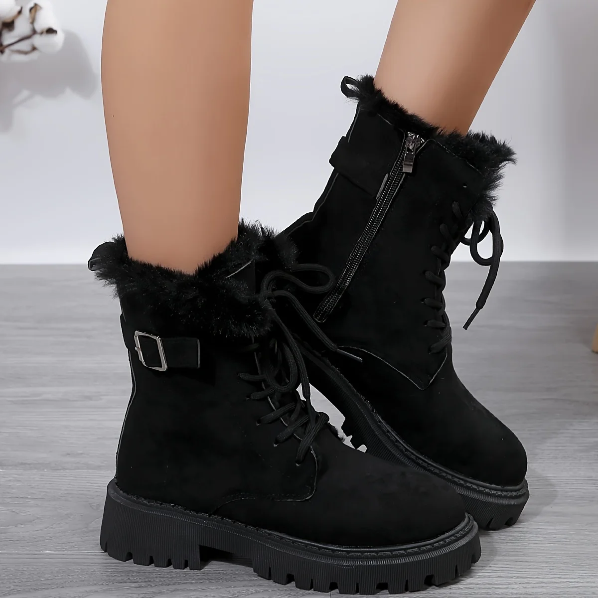 Women's Fluffy Fleece Lined Combat Boots Round Toe Lace Up Snow Boots Thermal Winter Outdoor Short Boots