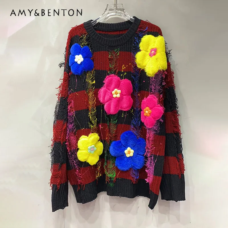 

Heavy Industry Hand-painted Flower Sweater Women's 2024 Autumn And Winter New Ripped Loose Age-reducing Crew Neck Knitwear Top