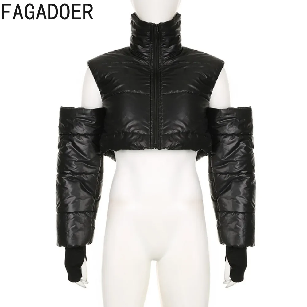 FAGADOER Cool Girl Streetwear Hollow Out Black Outdoor Jacket Women Padded Cropped Zip Long Sleeve Turtleneck Coats Puffer Tops