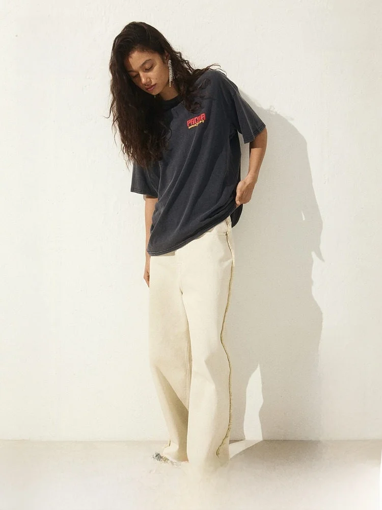 

H&M Winter Women's Large Silhouette Printed T-irt ort Sve Regular Length Cotton 00% Casual Wear Summer Collection