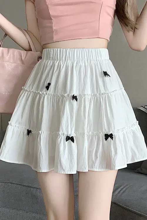 Design-sensing Bow White Sweet Beauty New High-waisted Slim Cake A-line Puffy Skirt