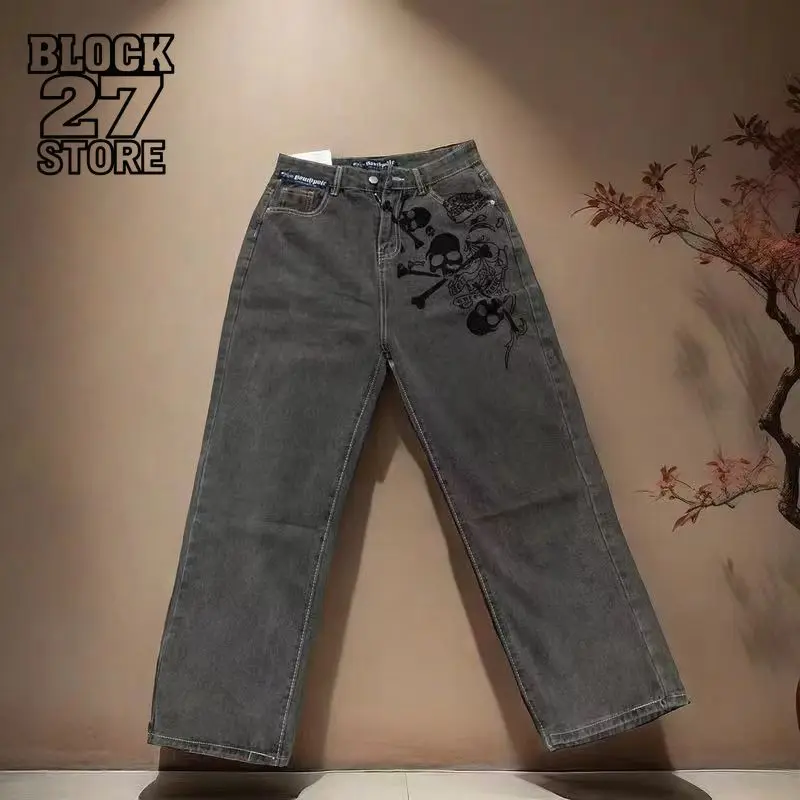 Mens Jeans Harajuku American High Street Y2K Retro Black Gray Skull Print Loose Straight Denim Pants Casual Gothic Streetwear