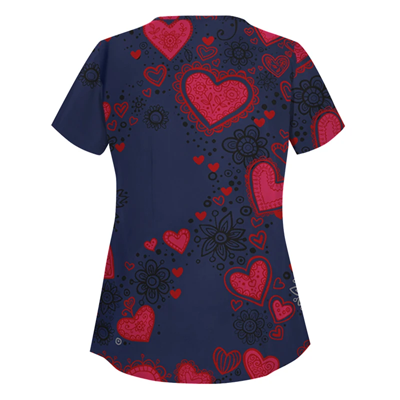 Tops de manga corta con bolsillo para mujer, uniforme de trabajo, camisetas con estampado de gato y mariposa, uniformes de manga corta