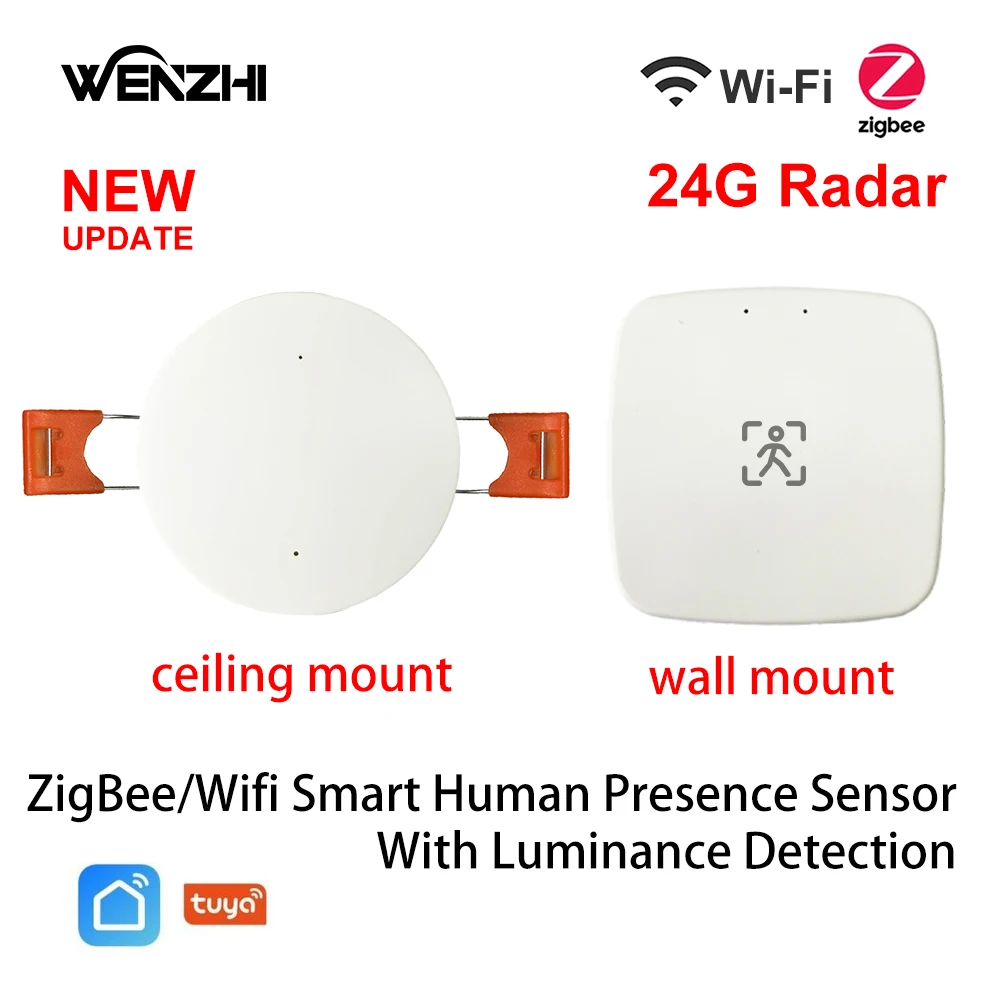 ZigBee Wifi 24G MmWave Radar Sensor de movimento de presença humana com detecção de luminosidade/distância 5/110/220V Tuya Smart Life Home DIY