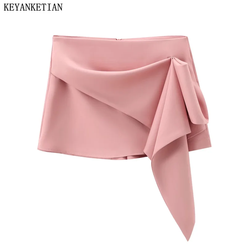 KEYANKETIAN 2024 New Launch Women's Cascading Decoration Mini Skirt Office Lady Simply Back Zipper High waist Pink Pantskirt