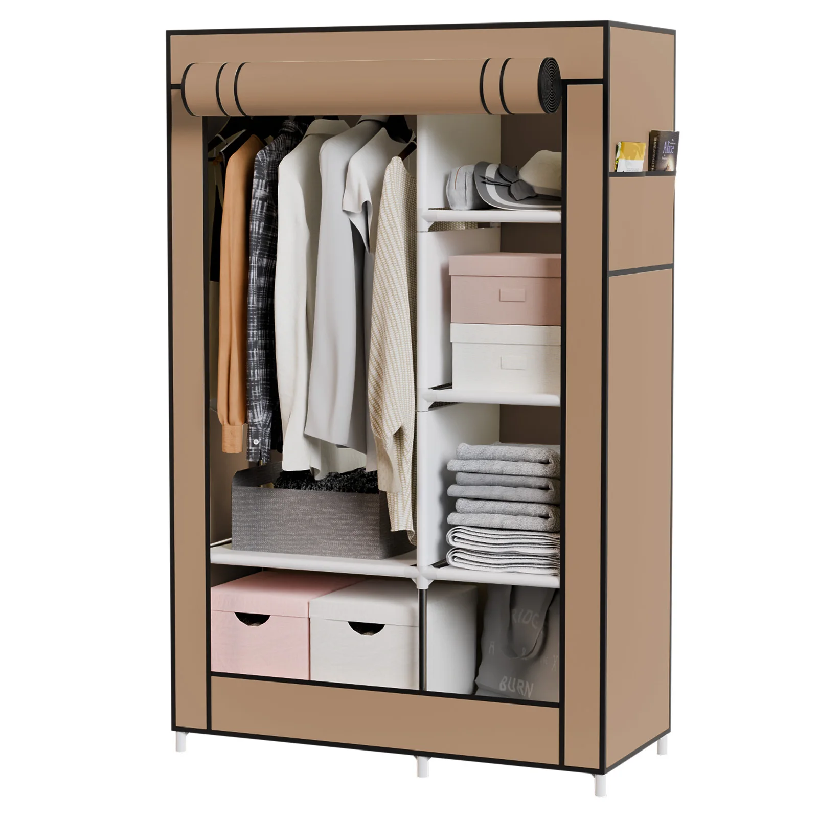 Portable Closet Wardrobe Organizer Storage Rack with 6 Shelves 1 Hanging Rod 4 Side Pockets No-Assembly for Bedroom Living Room