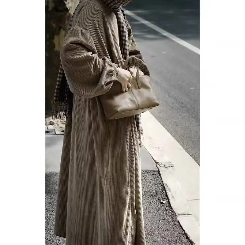 2024 neue Ankunft Herbst Winter Frauen Casual Lose Puff Hülse O-ansatz Gerade Kleid Baumwolle Cord Ankle-länge Kleider Y36