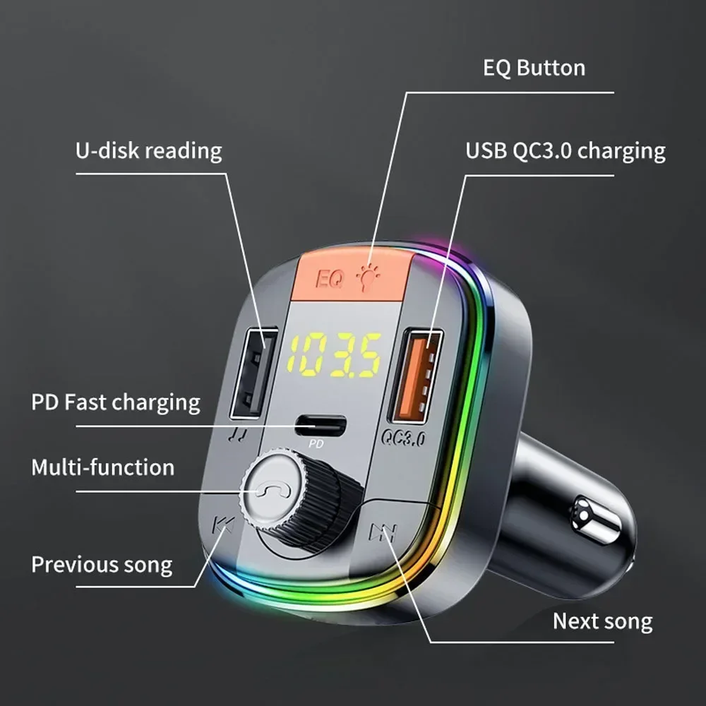 Car MP3 Player BT FM Transmitter Radio Receiver PD/USB Charger Hands-Free Calling Support U-Disk Playback Voltage Display Music