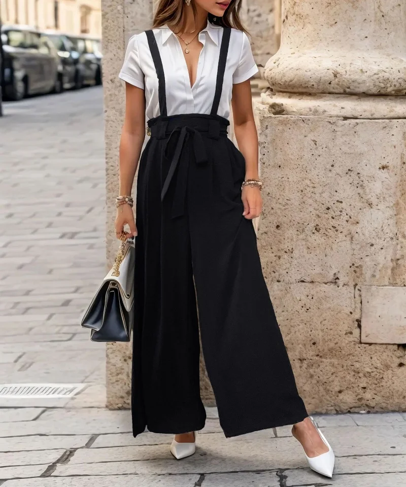 

2024 New Summer Women's Trousers Black fashion Casual High Waist Wide Leg Overalls