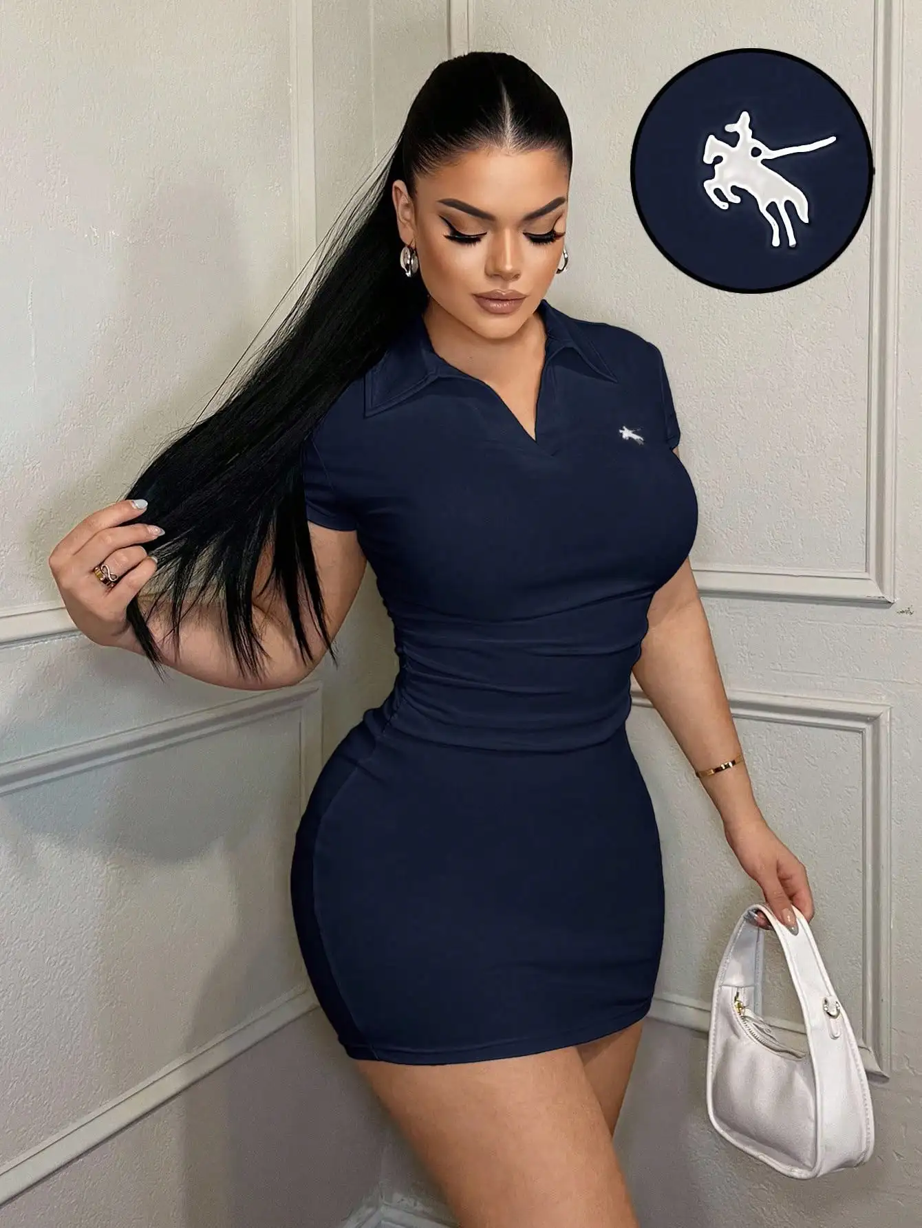 

Темно-синее облегающее мини-платье-поло из рубчатой ткани с драпировкой