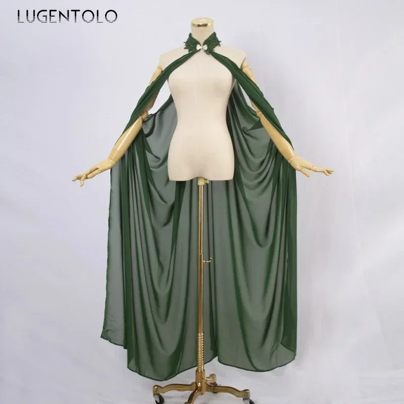 Ponchos con cuello Halter de Halloween para mujer, capa fina de gasa, disfraces de escenario, abrigos largos de moda Retro Medieval liso elegante para fiesta para mujer