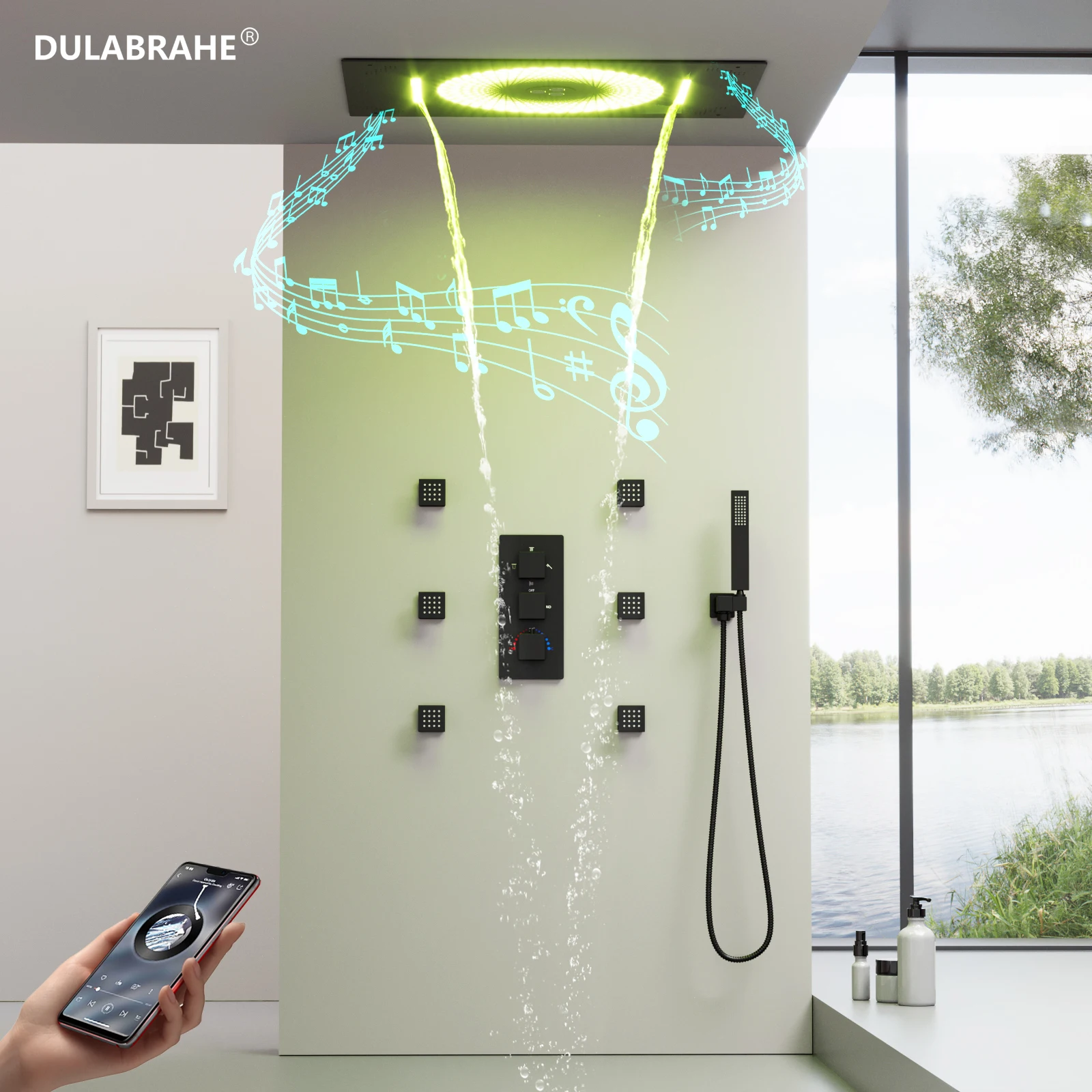 New Matte Black Bathroom Shower Faucet Set with Bluetooth Music LED Rain Shower Head System Modern Thermostatic Mixing Valve