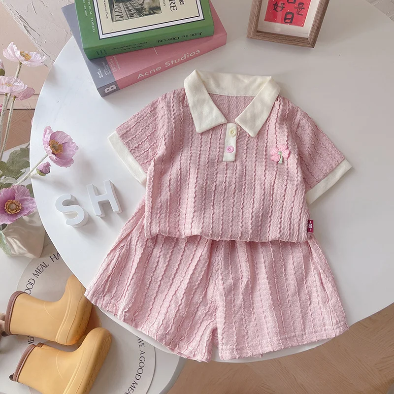 

Girls' Short-Sleeve Summer Outfit for Children2026New baby solid color jacquard casual and sweet stylePoloTwo-Piece Suit