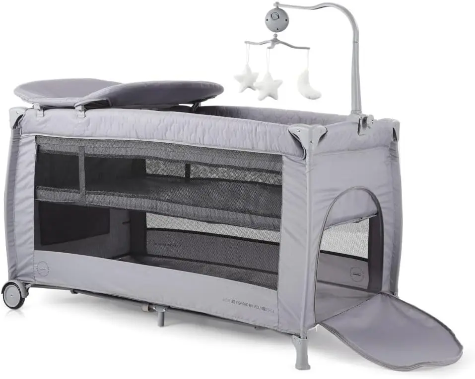 Bella travel bed, 2 levels, side entry, musical mobile, colour: light grey