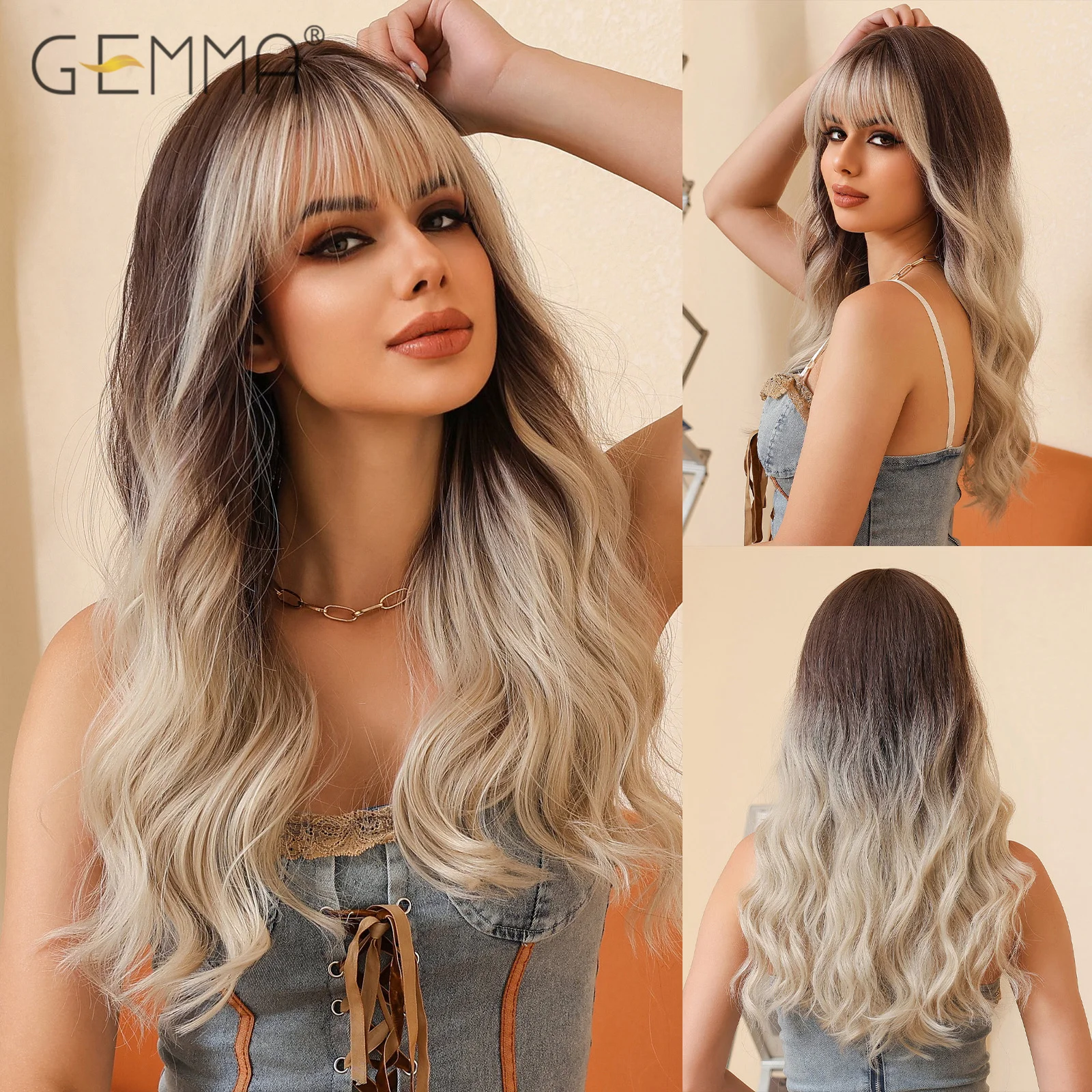 Long Wavy Ombre Brown Ash Blonde Synthetic Wig with Bangs for Black Women Gray White Cosplay Party Wig Heat Resistant Hair