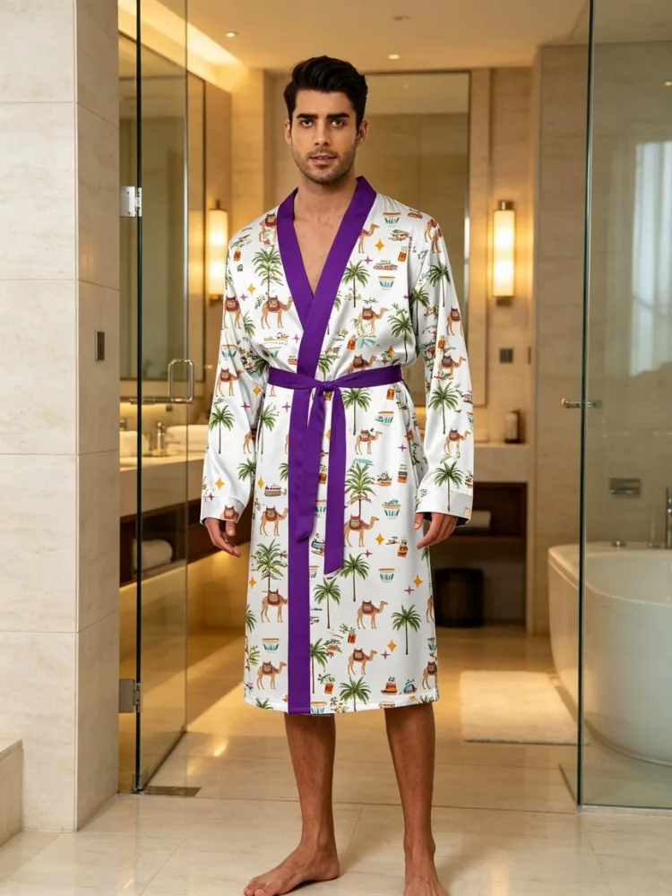 Men's lightweight quick-drying pajama bathrobe - 3D digital printing, non-fading design, stand-up collar and adjustable waistban