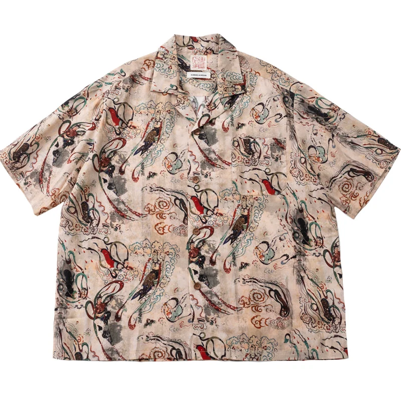 

New Chinese Style Dunhuang Flying Elements Printed with Lyocell Loose Casual Short Sleeved Shirt for Men and Women