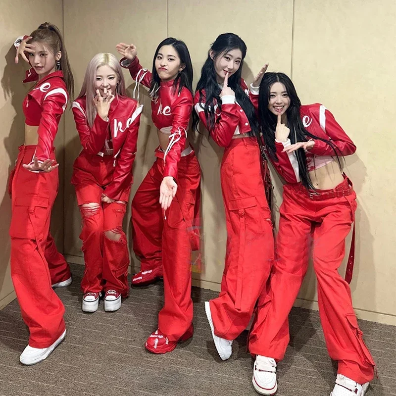 

Women Group Kpop Dancer Outfit Singer Dancer Jazz Dance Costume Red Hip Hop Clothing Adults Stage Performance Wear DWY9409