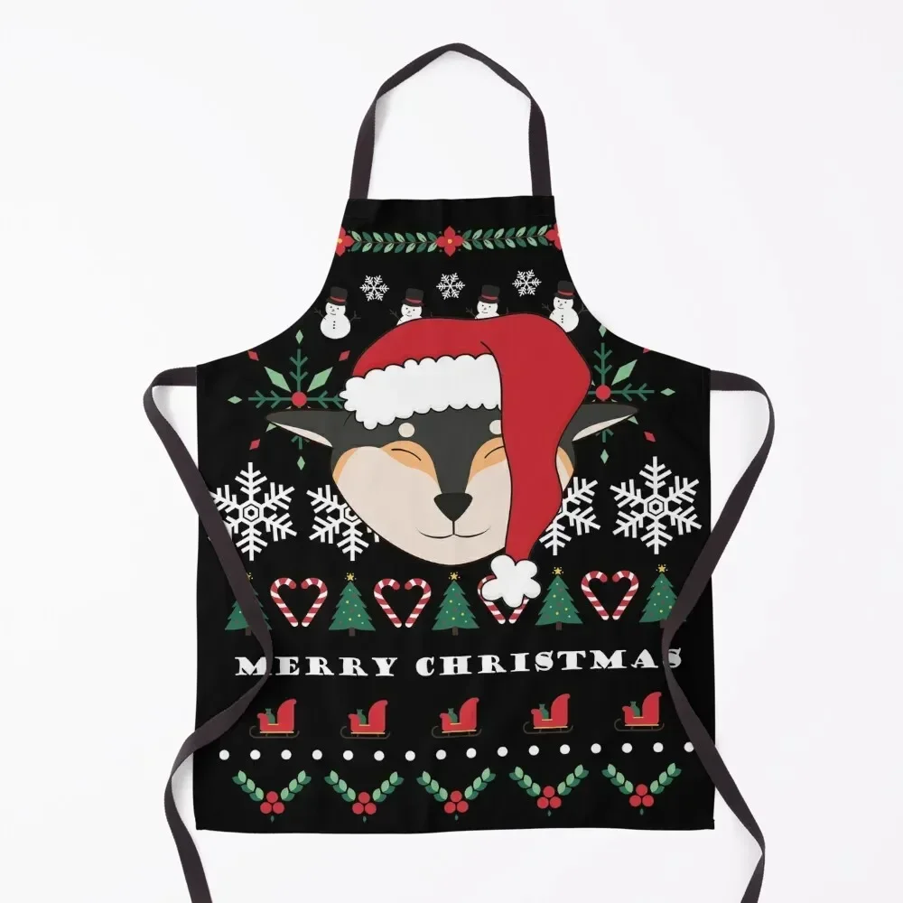 Merry Christmas Black and Tan Shiba Inu Ugly Christmas Pattern Apron Kitchen Things For Home Barista Kitchen For Man Apron