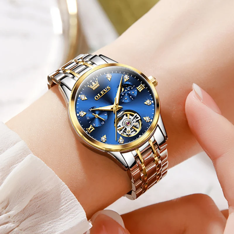 OLEVS Brand Tourbillon Women Watches Luxury Automatic Mechanical Watch Fashion Ladies Waterproof Moon Phase Wristwatch reloj