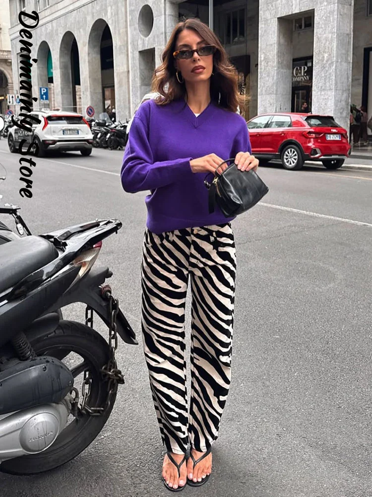 Fashion Women's Zebra Printed Pant High Waist Button Pocket Straight Leg Female Pants 2026 Autumn Lady Street Vintage Trousers