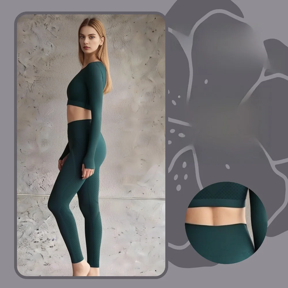 بدلة يوجا نسائية بقصة ضيقة بدون خياطة، رقبة دائرية عالية المرونة وأكمام طويلة، ملابس لياقة بدنية، بدلة رياضية للجري #1